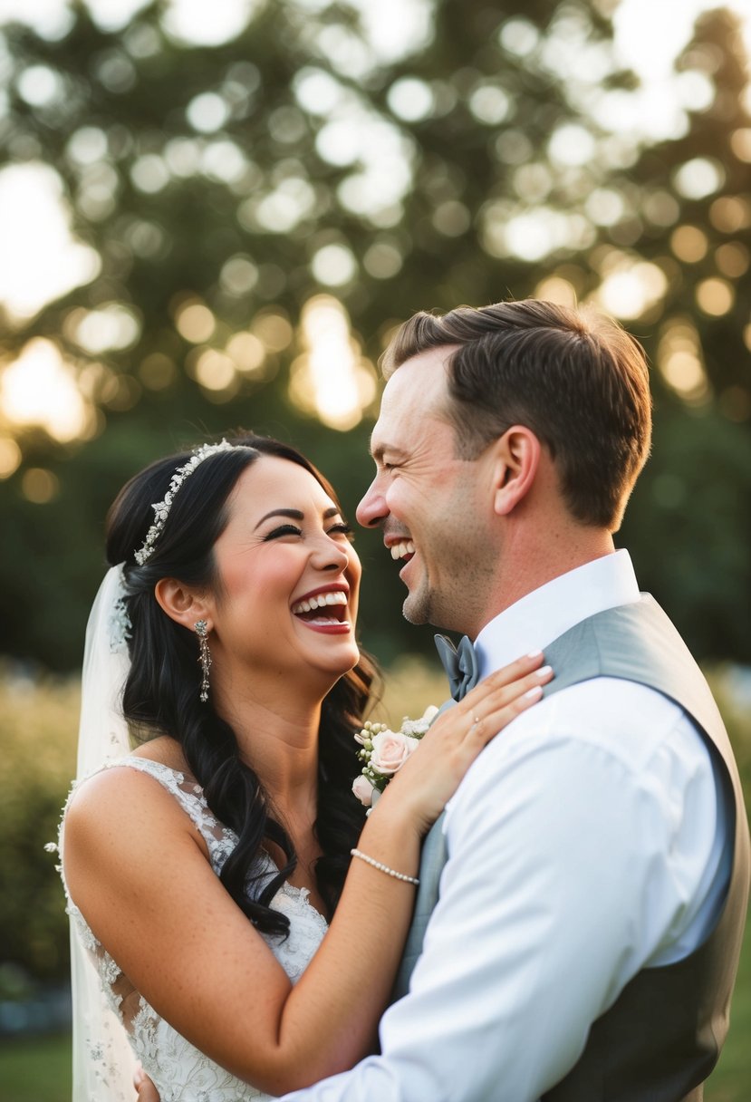 A couple laughing together during a candid moment at their wedding