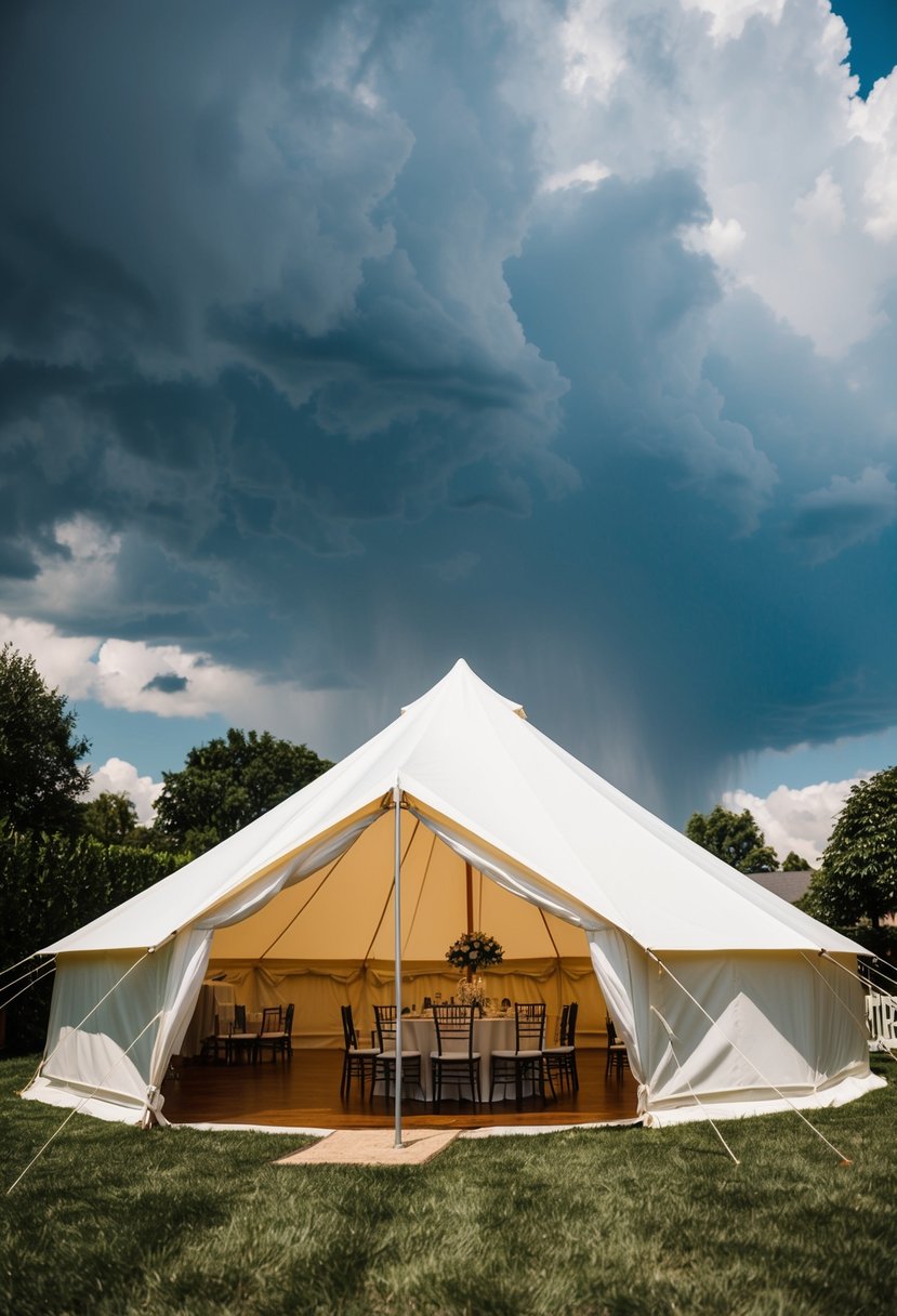 A backyard wedding with a white tent set up on a sunny day, but with dark rain clouds looming in the distance