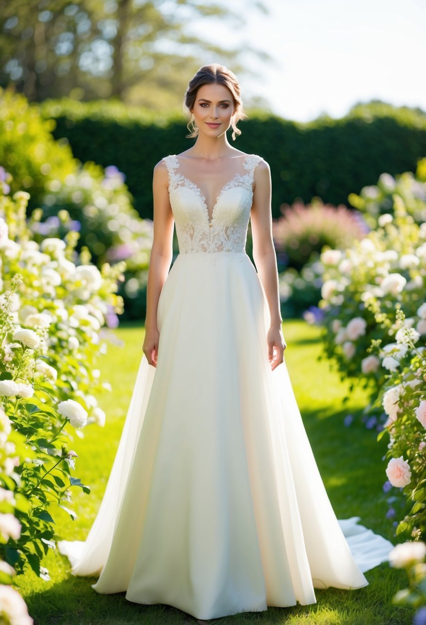 A bride standing in a sunlit garden, her white dress glowing in the natural light, surrounded by blooming flowers and greenery