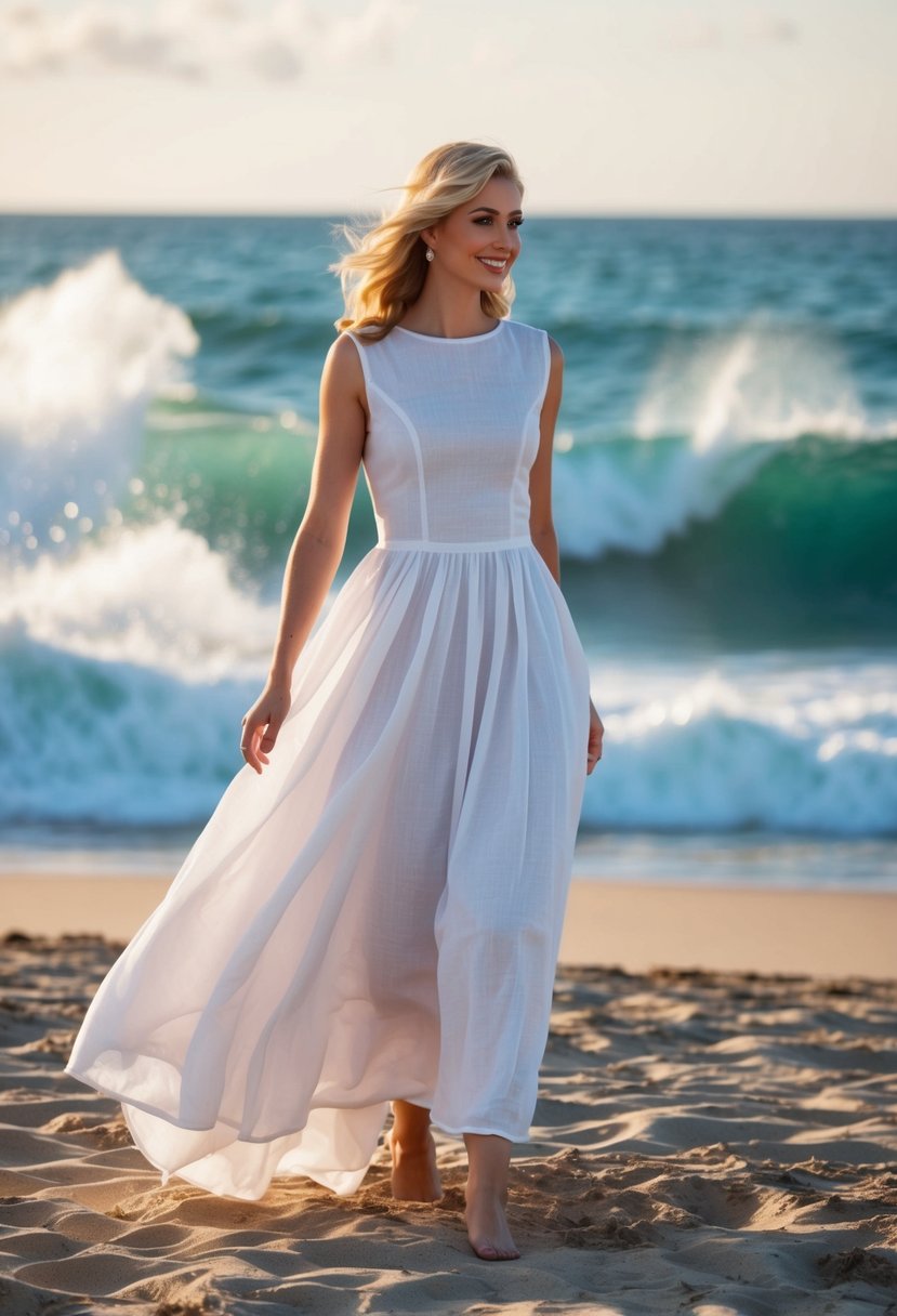 A flowing linen A-line dress billows in the ocean breeze, set against a backdrop of a sandy beach and crashing waves