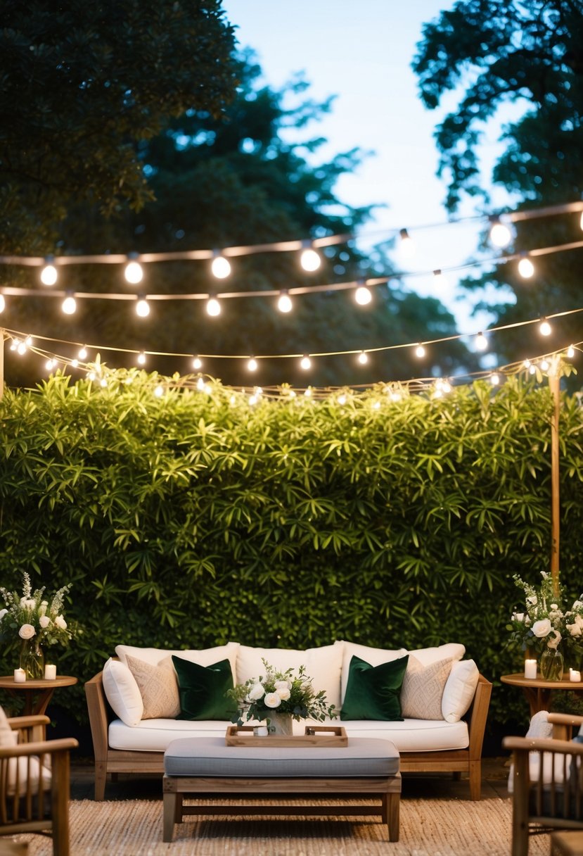 A cozy outdoor wedding setting with comfortable seating, surrounded by lush greenery and twinkling lights