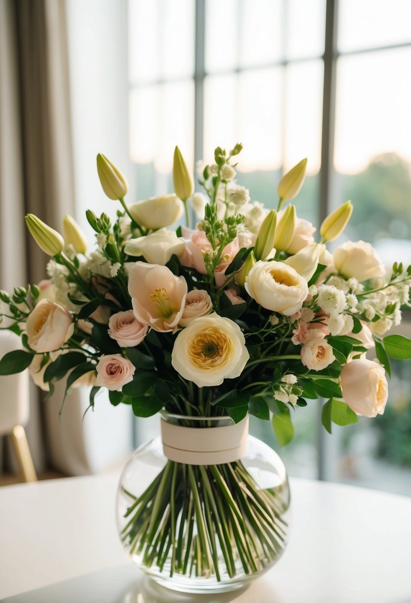 A bouquet of flowers arranged on a table, with soft natural light casting a slight angle across the petals