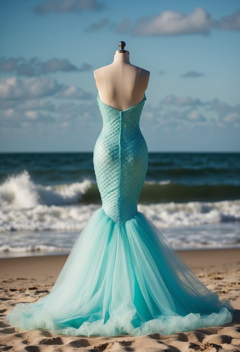 A flowing tulle mermaid dress on a sandy beach, with waves crashing in the background