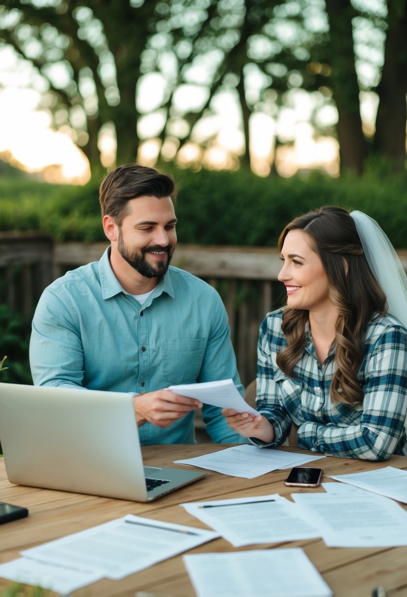 A couple researching permit requirements for a backyard wedding, surrounded by a table with scattered papers and a laptop