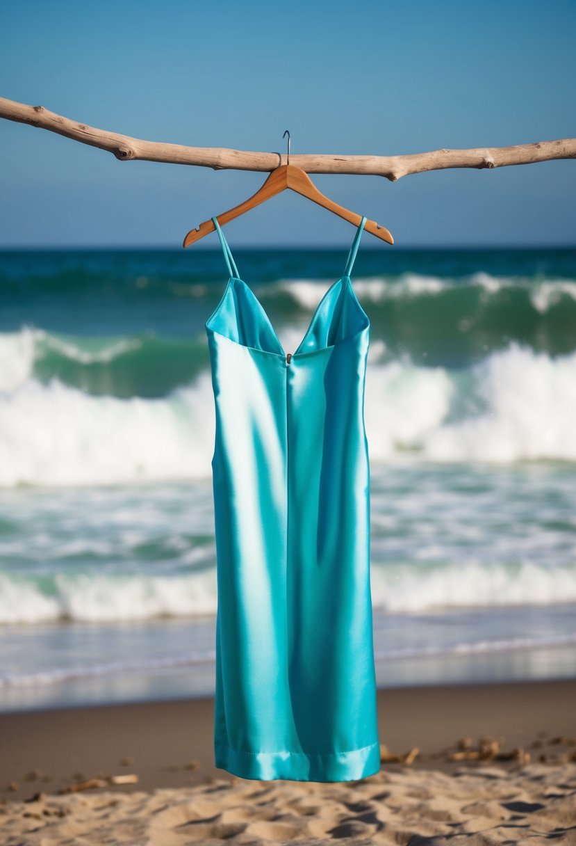 A backless satin slip dress hangs on a driftwood hanger against a backdrop of crashing waves and a sandy beach