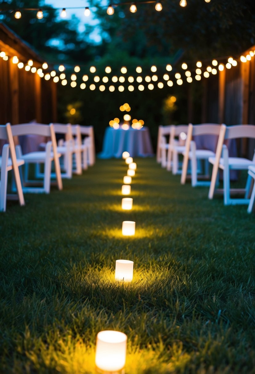 A backyard wedding scene with battery-powered tea lights illuminating the tables and pathways, creating a warm and romantic ambiance