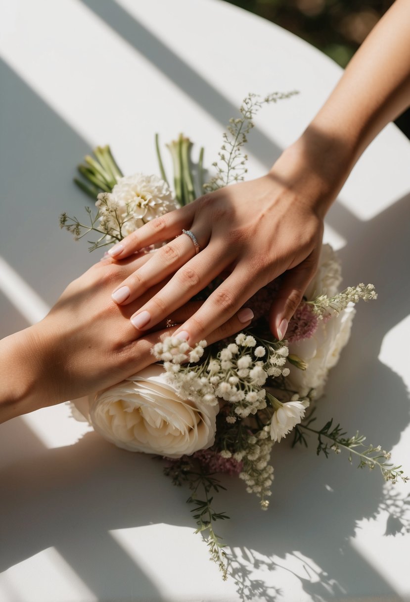 Two hands resting on a delicate bouquet of flowers, with soft natural lighting casting gentle shadows