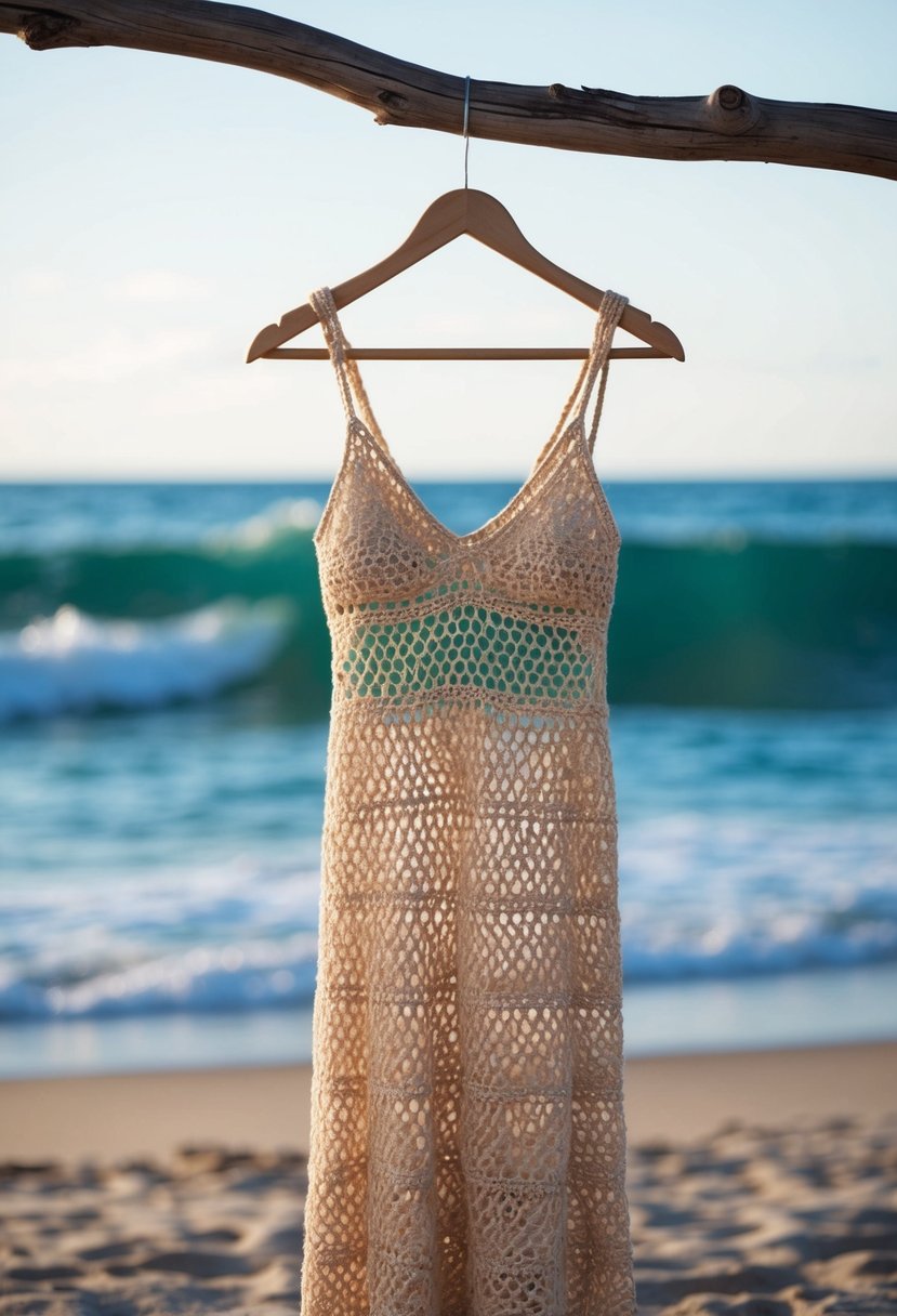 A crochet lace beach dress hanging on a driftwood hanger, with the ocean waves in the background