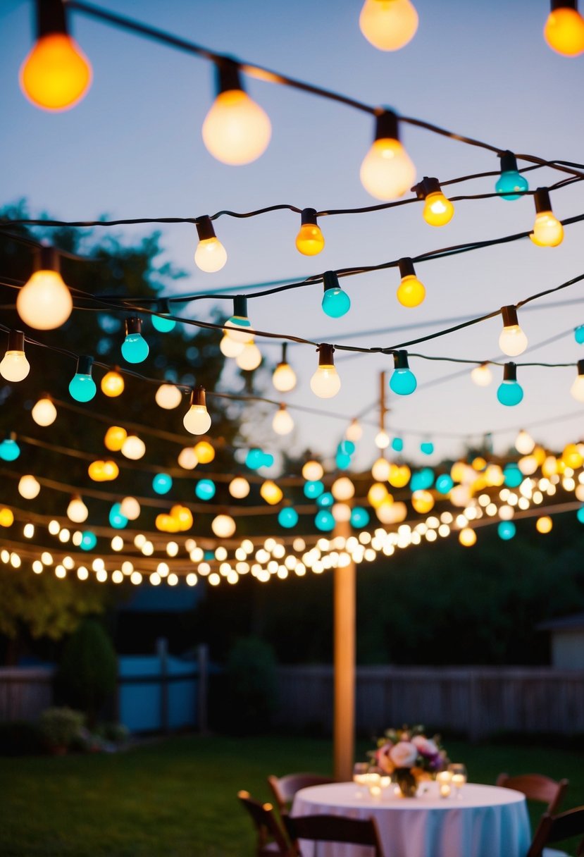 Colorful hanging lights crisscross above a backyard wedding, casting a warm glow over the outdoor celebration