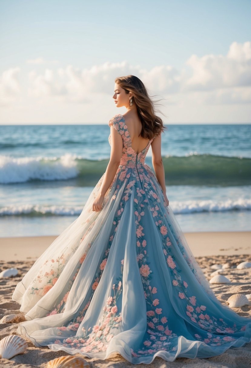 A flowing floral embroidered gown billows in the ocean breeze on a sandy beach, surrounded by seashells and gentle waves