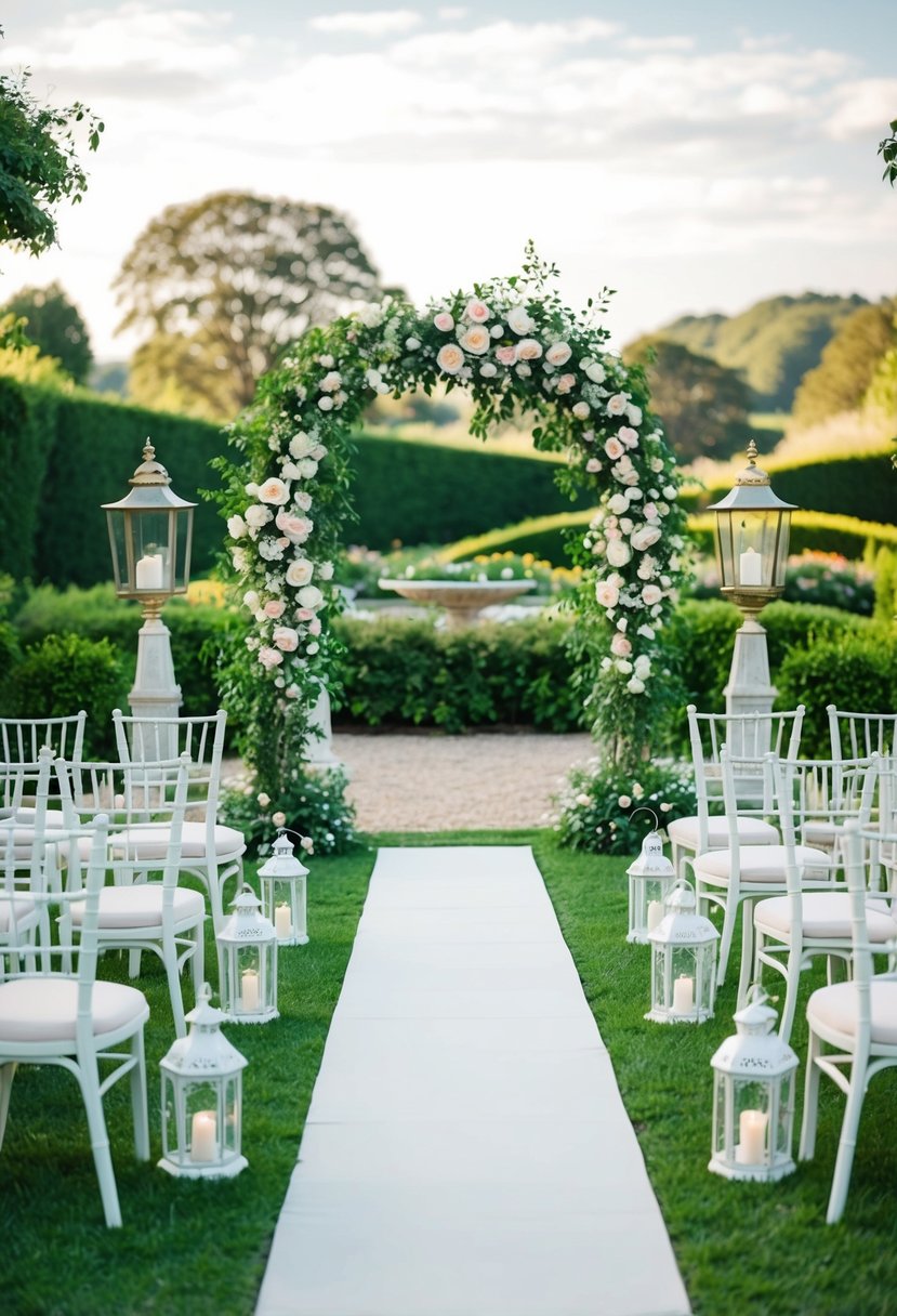 A romantic garden wedding with lush floral arches, vintage lanterns, and elegant white chairs arranged in front of a picturesque backdrop