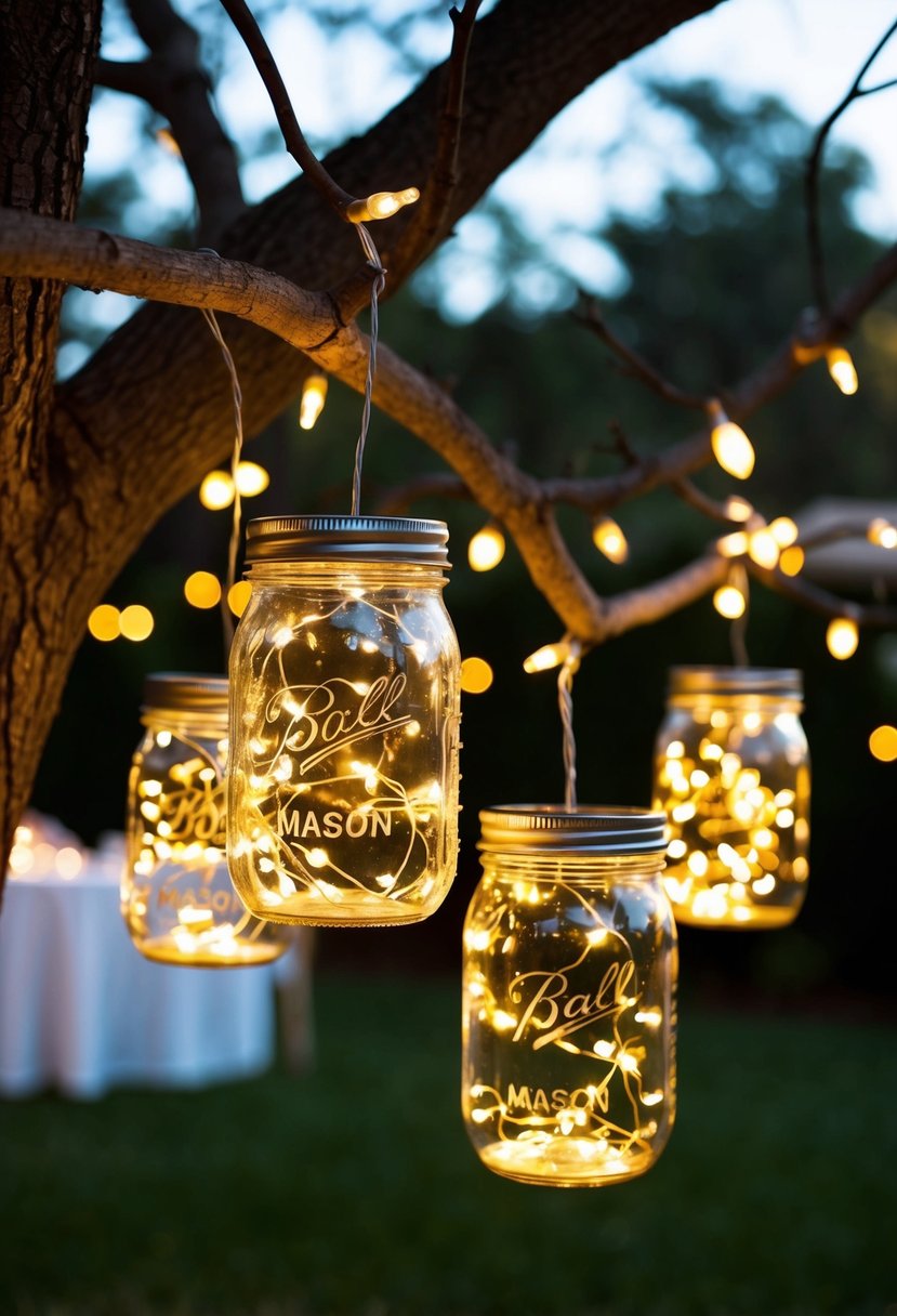 Mason jars filled with fairy lights hang from tree branches, casting a warm glow over the backyard wedding reception