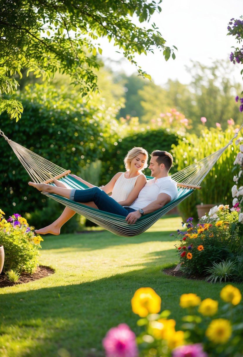 A couple lounging on a hammock in a serene garden, surrounded by lush greenery and colorful flowers, with soft sunlight streaming through the trees