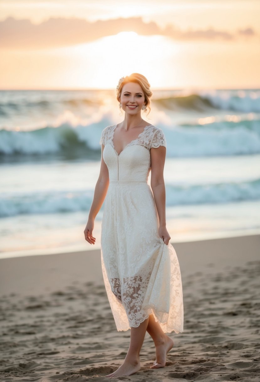 A bride stands barefoot on a sandy beach, wearing a vintage-inspired lace wedding dress. The ocean waves crash in the background as the sun sets behind her