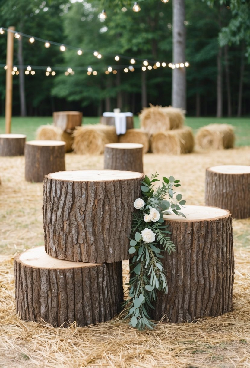 Tree stumps and hay bales arranged in a rustic outdoor setting for a backyard wedding