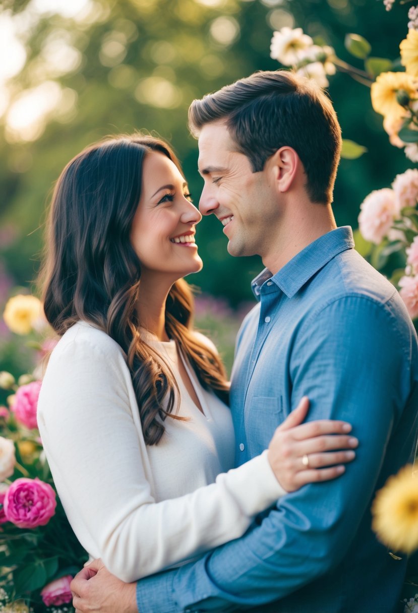 A couple standing close, smiling and looking at each other, surrounded by flowers and soft lighting