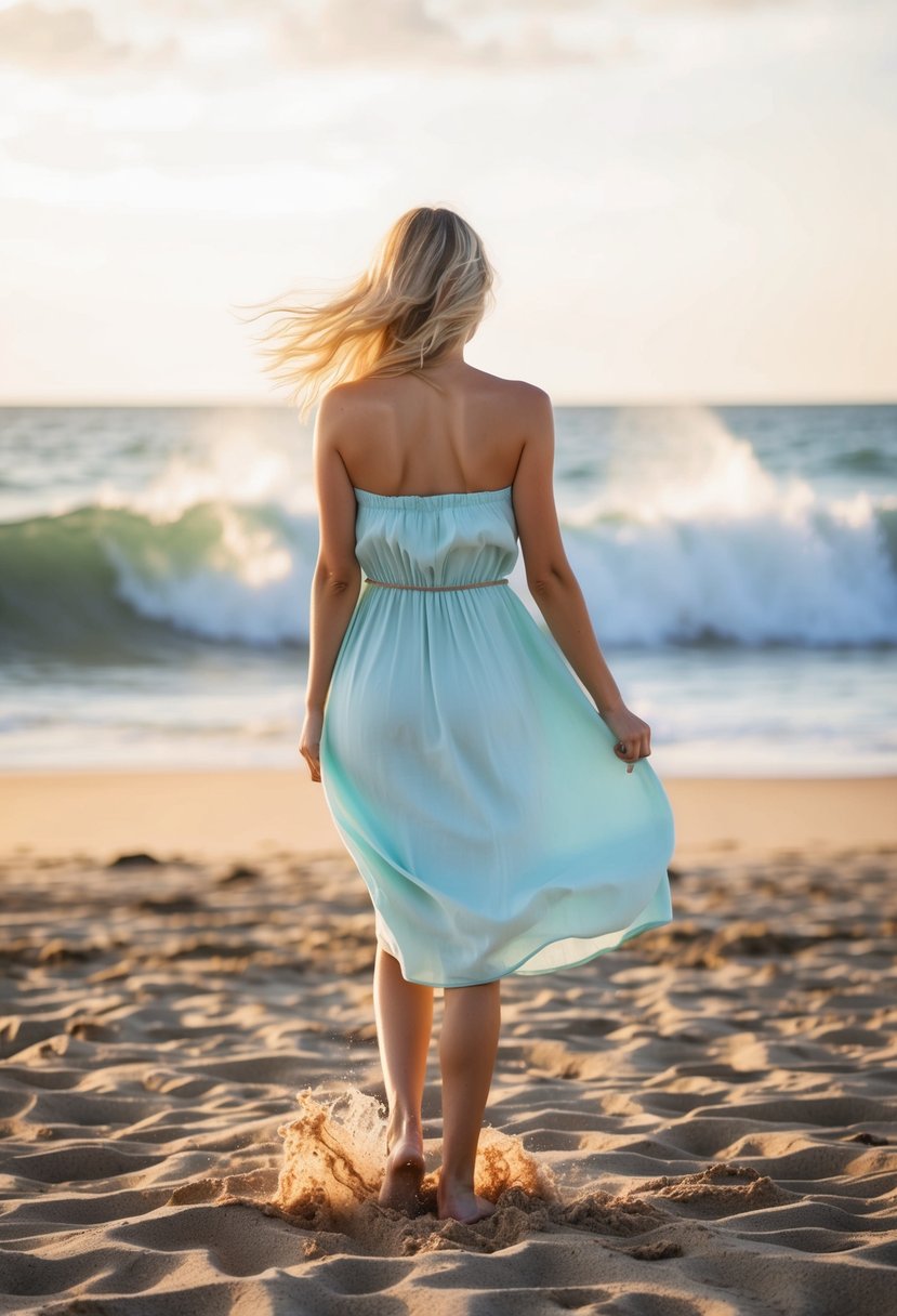 A sandy beach with a gentle breeze, a simple strapless sundress fluttering in the wind, surrounded by the sound of crashing waves