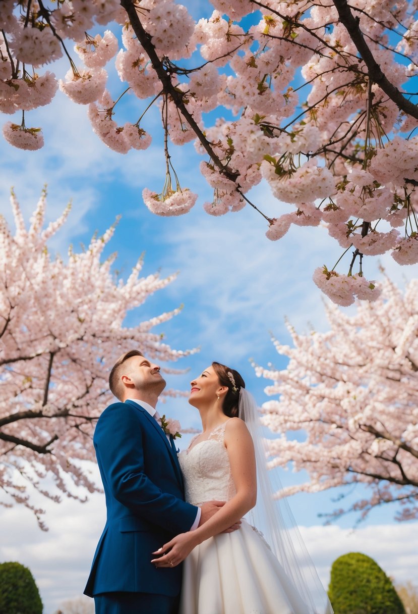 A bride and groom standing under a canopy of blooming cherry blossoms, gazing up at the sky with awe