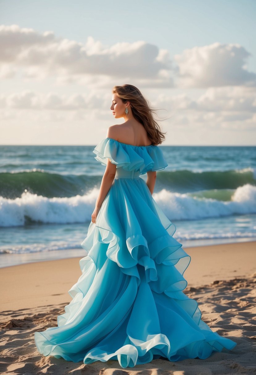 A flowing off-shoulder ruffle gown billows in the ocean breeze, surrounded by sandy shores and crashing waves