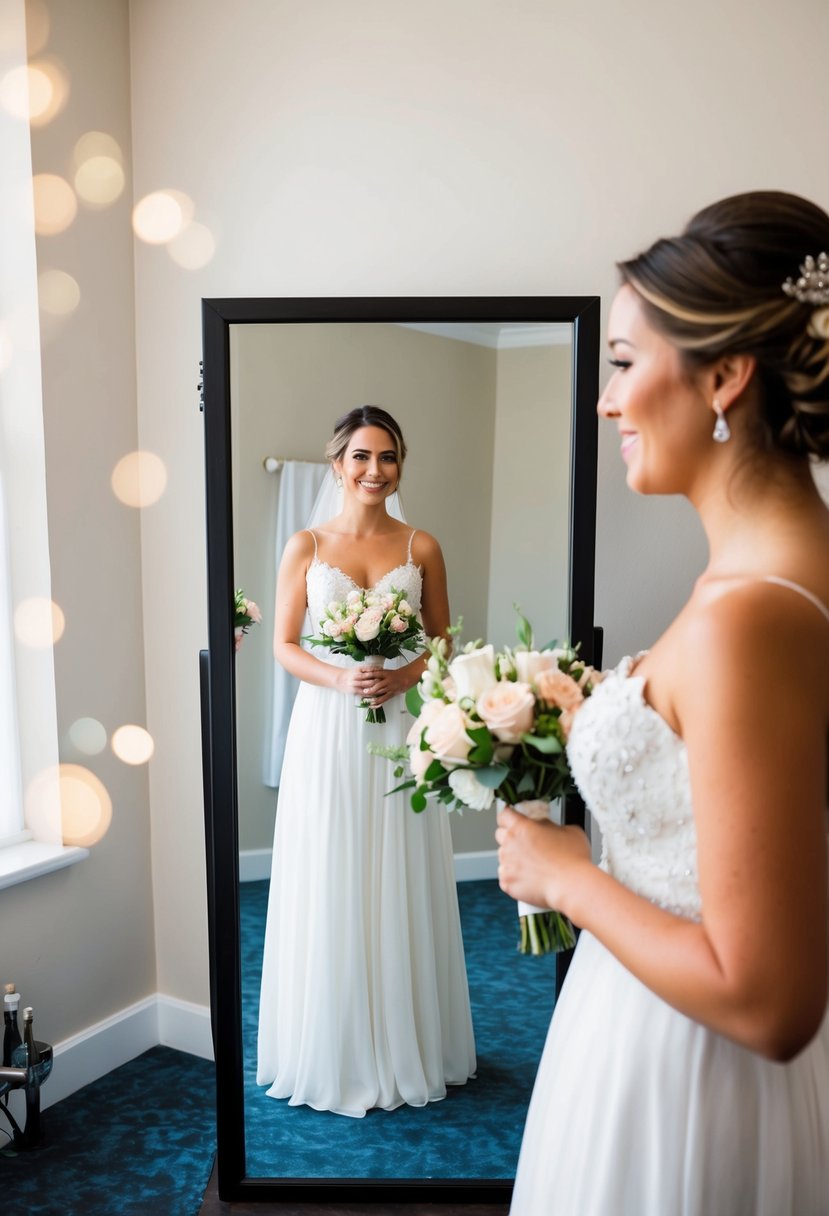 A bride-to-be stands in front of a full-length mirror, practicing various poses and expressions with a bouquet in hand