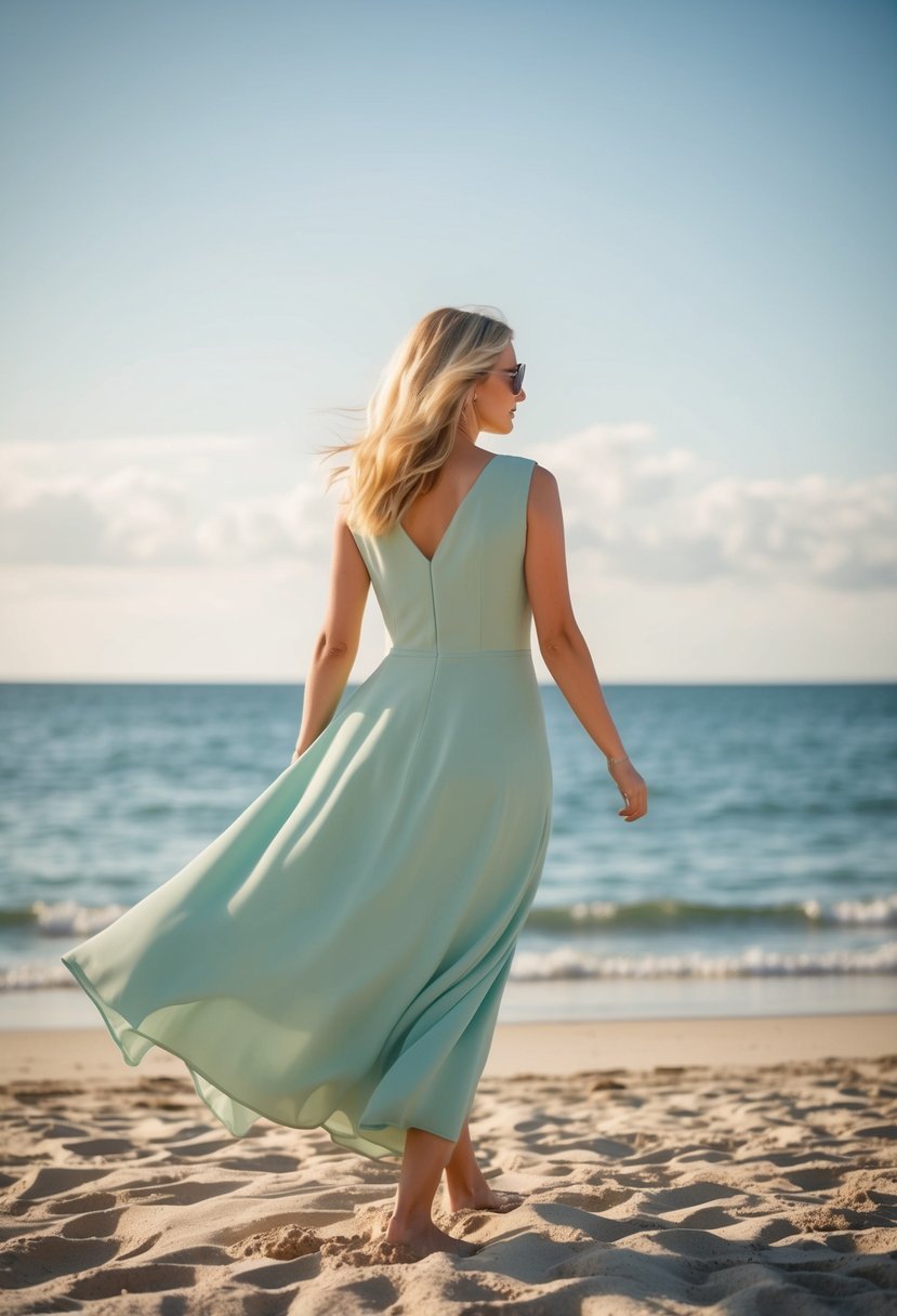 A simple, flowing crepe dress flutters in the ocean breeze on a sandy beach