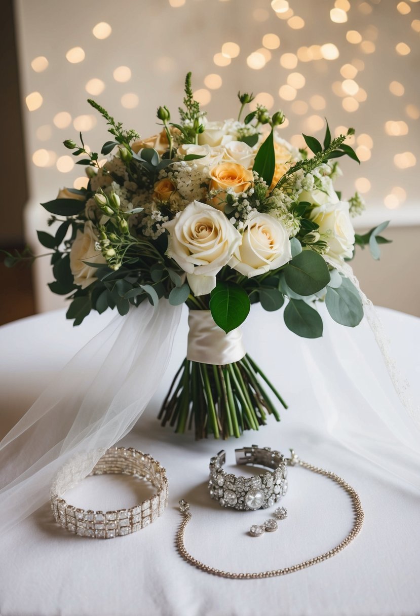 A bride's bouquet, veil, and jewelry laid out on a table