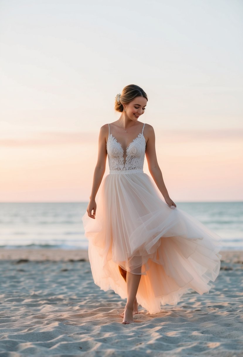 A bride walks barefoot on a sandy beach, her tulle skirt flowing in the ocean breeze, with a soft, pastel sunset in the background