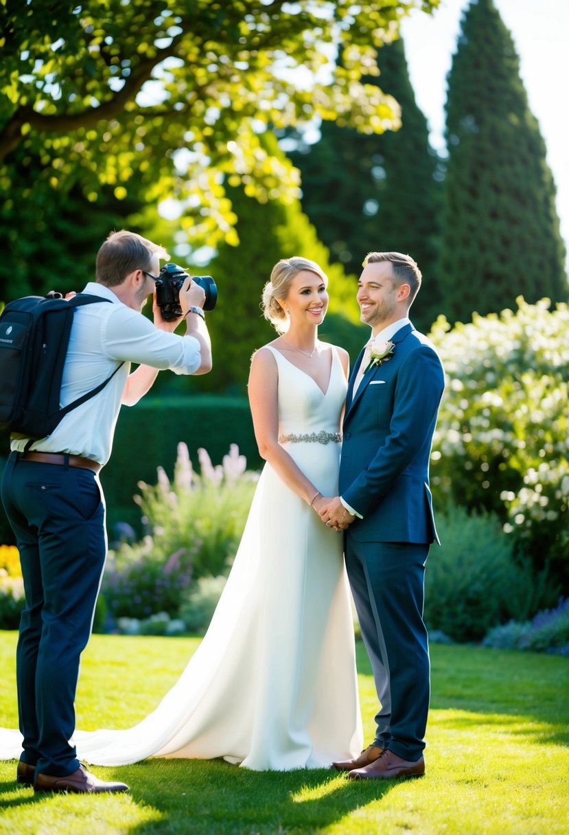 A bride and groom stand in a sunlit garden, smiling at each other. The photographer adjusts their angle, capturing the perfect shot