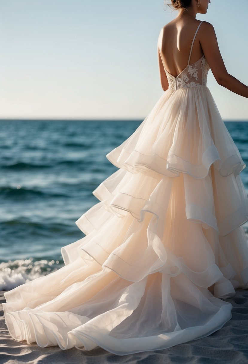 A flowing organza dress billows in the sea breeze, cascading down tiers of delicate fabric, with the ocean as a backdrop