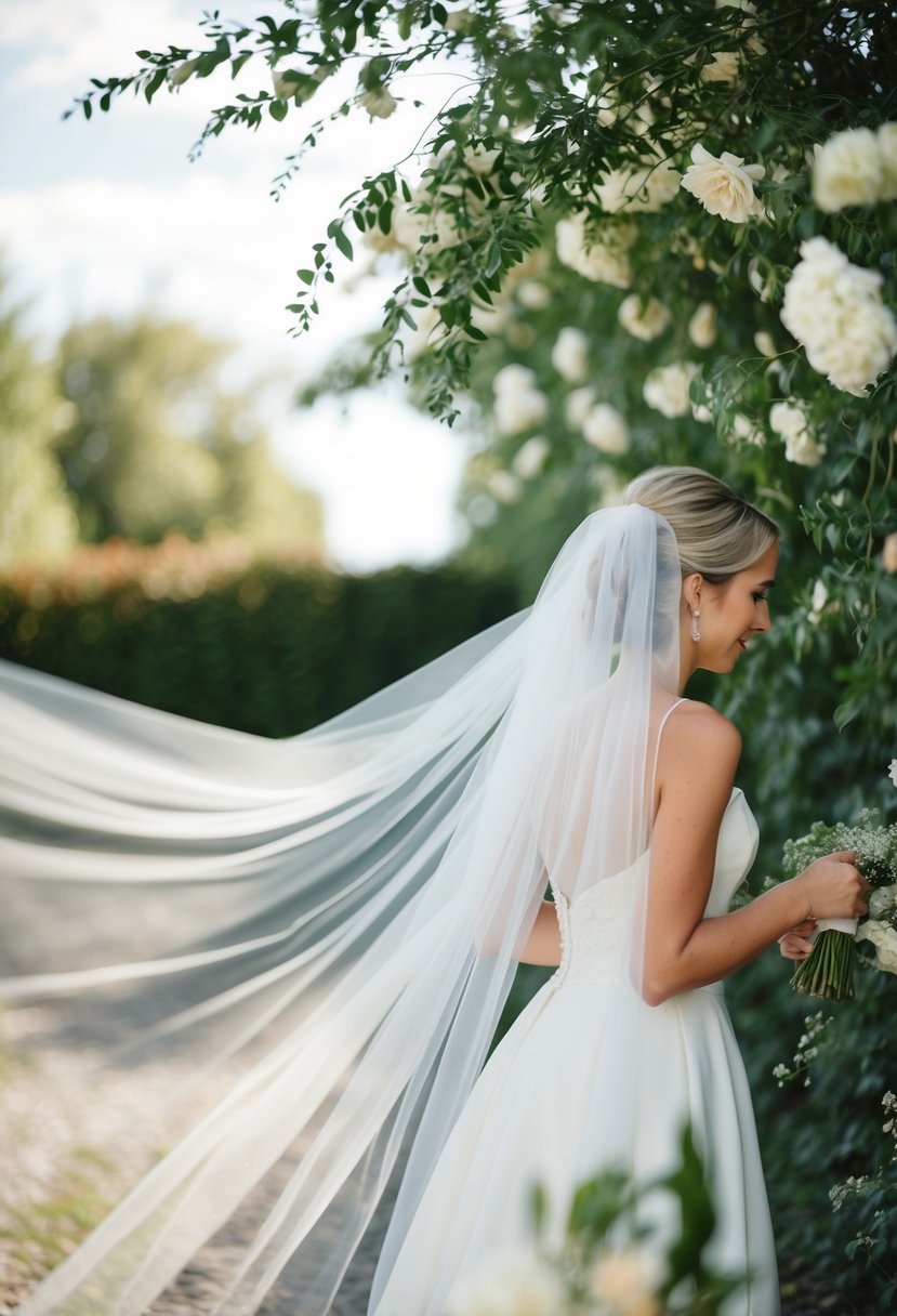 A bride's veil flowing in the wind, surrounded by gently swaying flowers and foliage