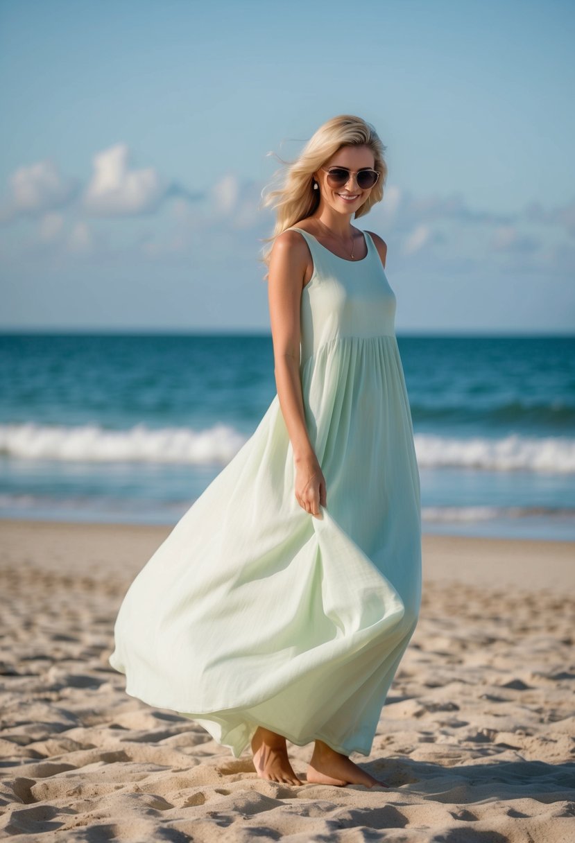 A billowing cotton maxi dress in a soft, pastel color, gently swaying in the ocean breeze on a sandy beach