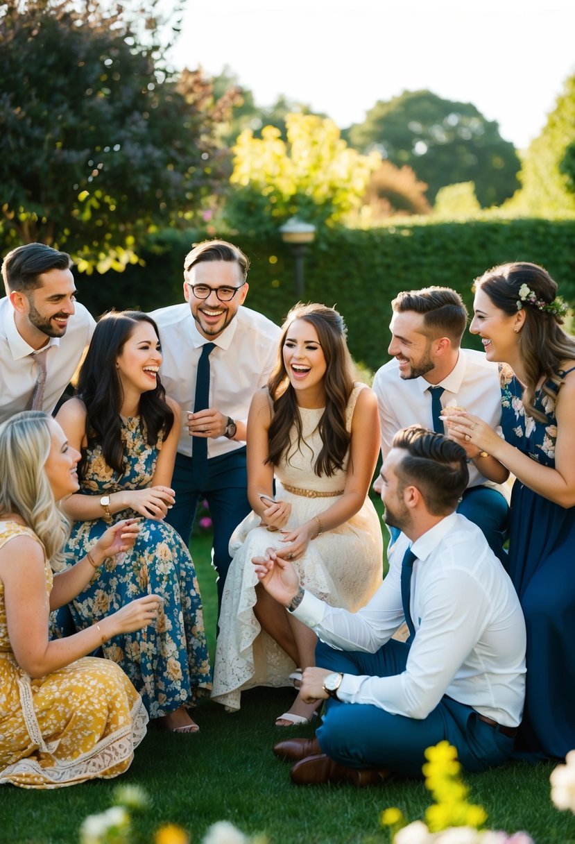 A group of friends gathered in a sunlit garden, laughing and sharing stories, as a wedding photographer captures the candid moments