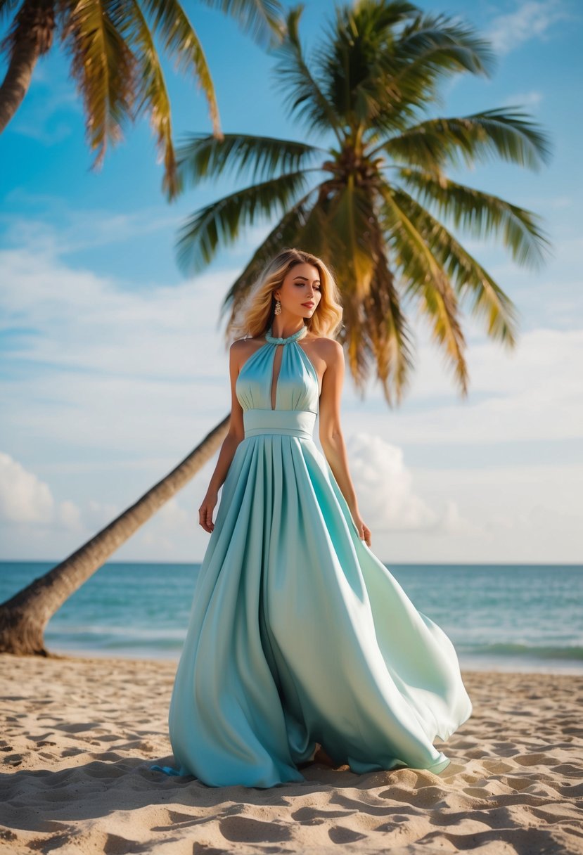 A flowing silk halter dress billows in the ocean breeze on a sandy beach, surrounded by gently swaying palm trees