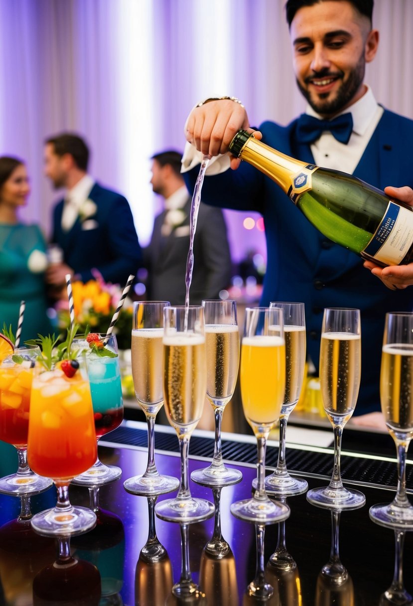 A bartender pours champagne into flutes at a wedding reception, surrounded by colorful cocktails and garnishes on a polished bar counter