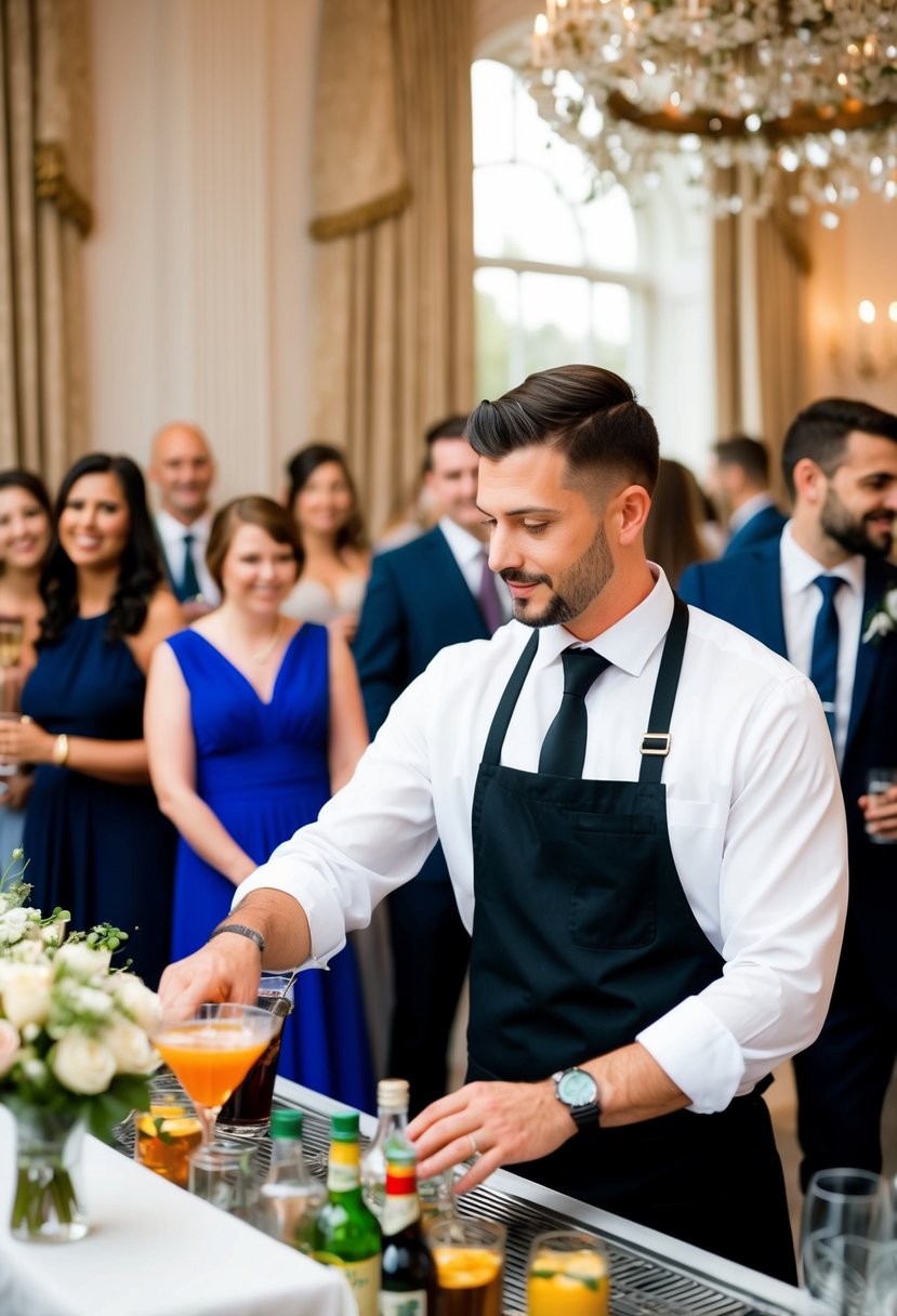 A bartender in a white shirt and black apron serves drinks at a wedding, surrounded by happy guests and elegant decor