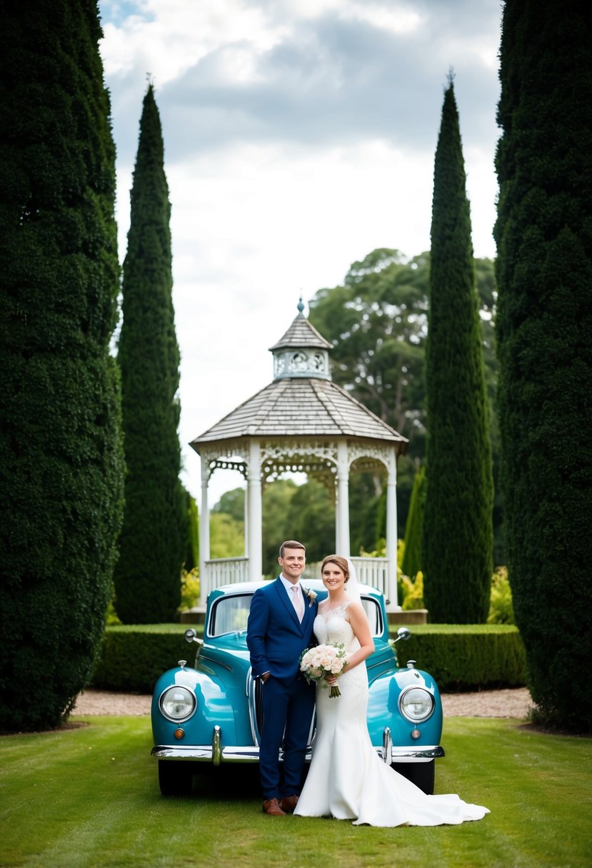 A bride and groom standing in front of a vintage car, surrounded by tall trees and a quaint, old-fashioned gazebo