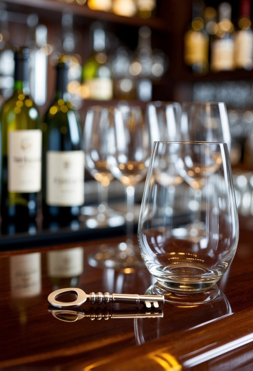 A bar key and wine opener sit on a polished wooden bar counter, surrounded by gleaming glassware and bottles of wine