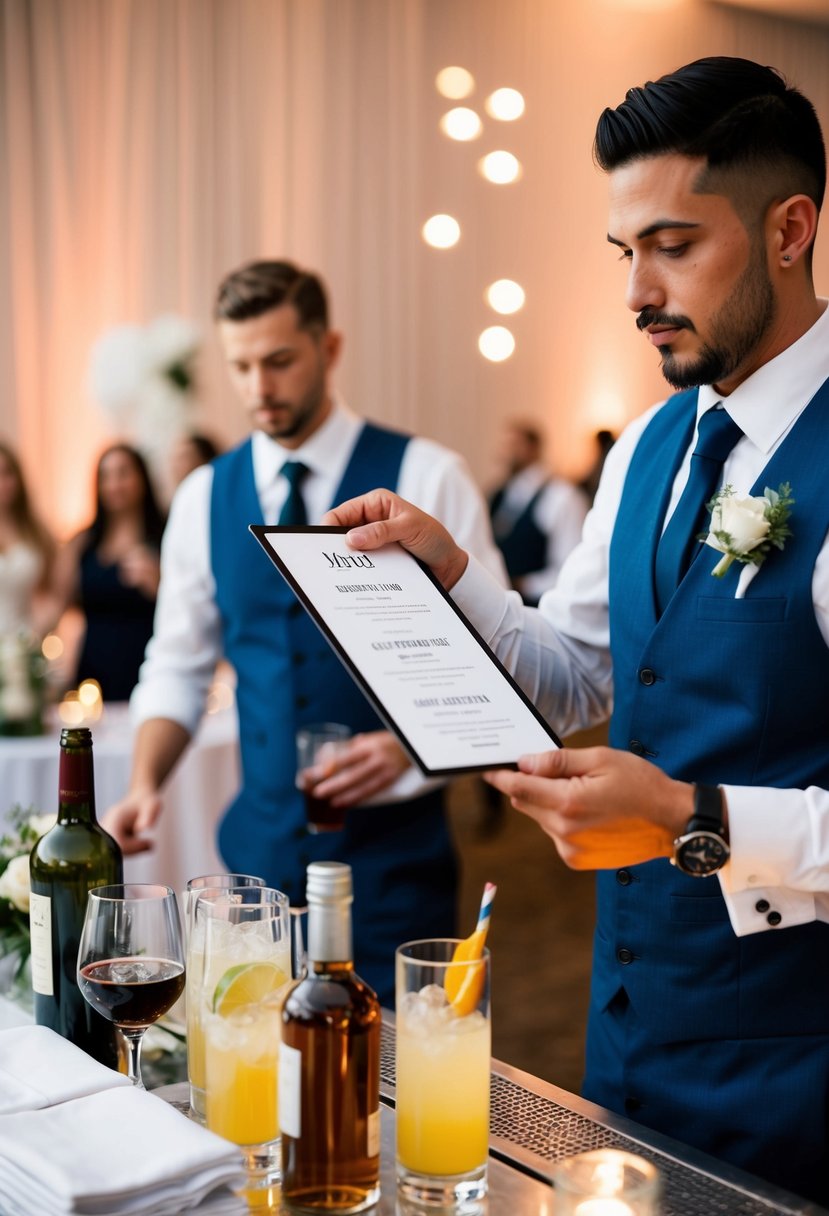 A bartender swiftly selects from a limited drink menu at a busy wedding reception, streamlining service