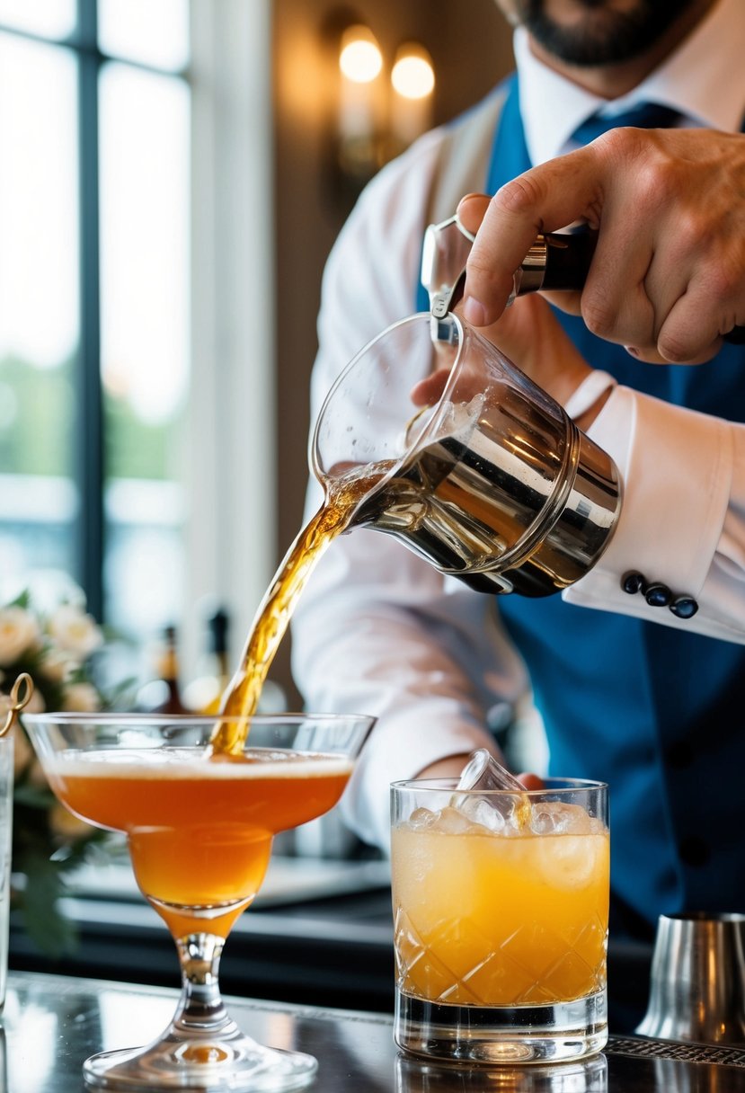 Bartender pouring a flawless drink at a wedding, with precision and finesse