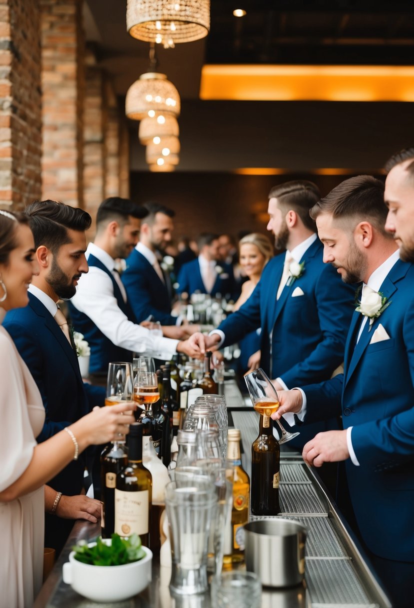 A busy wedding bar with equal numbers of bartenders and guests