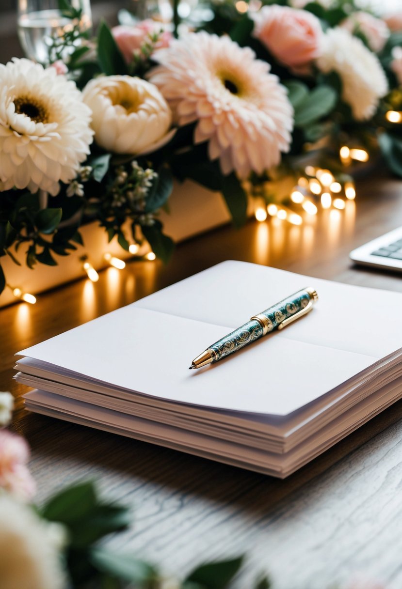 A table with a decorative pen and a stack of blank pages, surrounded by floral arrangements and twinkling lights