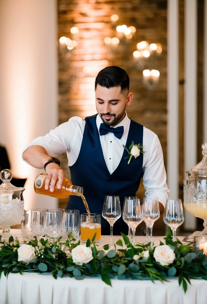 A bartender pouring drinks at a wedding reception, with a beautifully arranged bar setup and elegant glassware