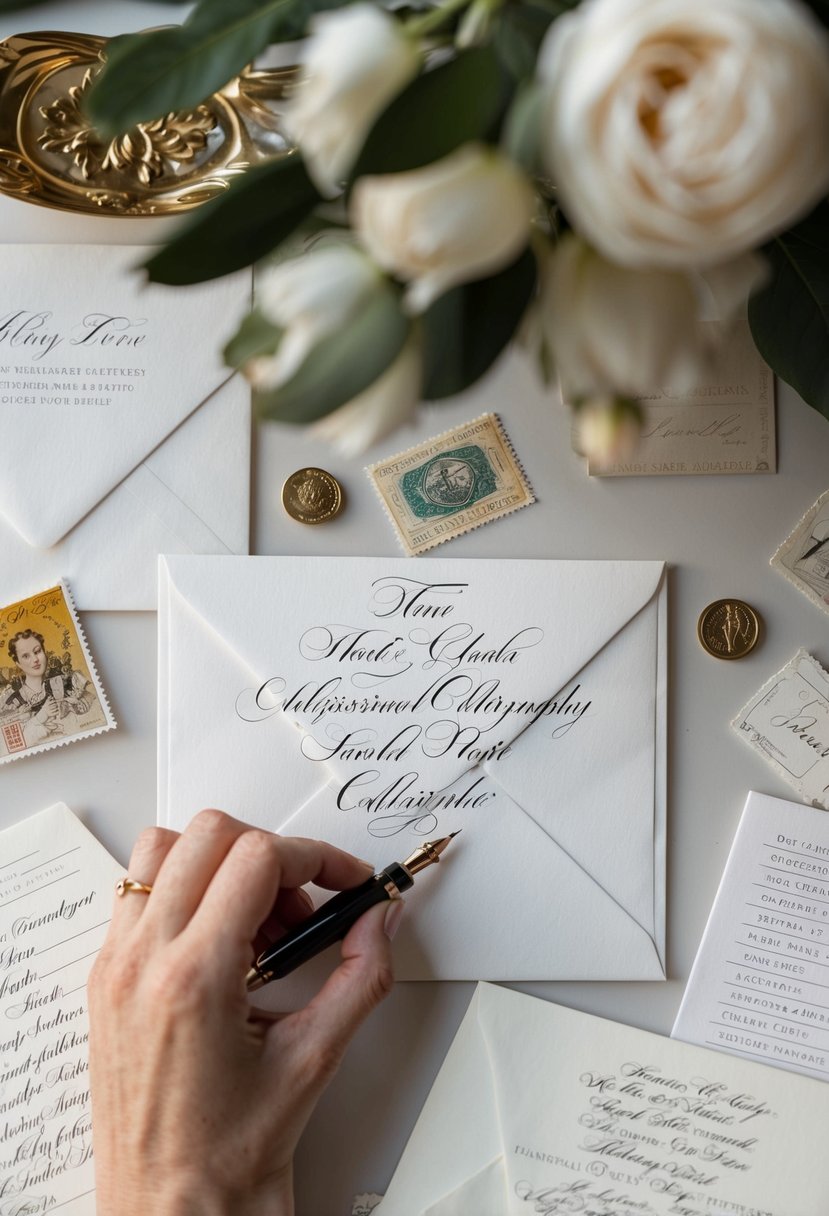 A hand reaching for a calligraphy pen, surrounded by elegant envelopes, stamps, and a list of names and addresses