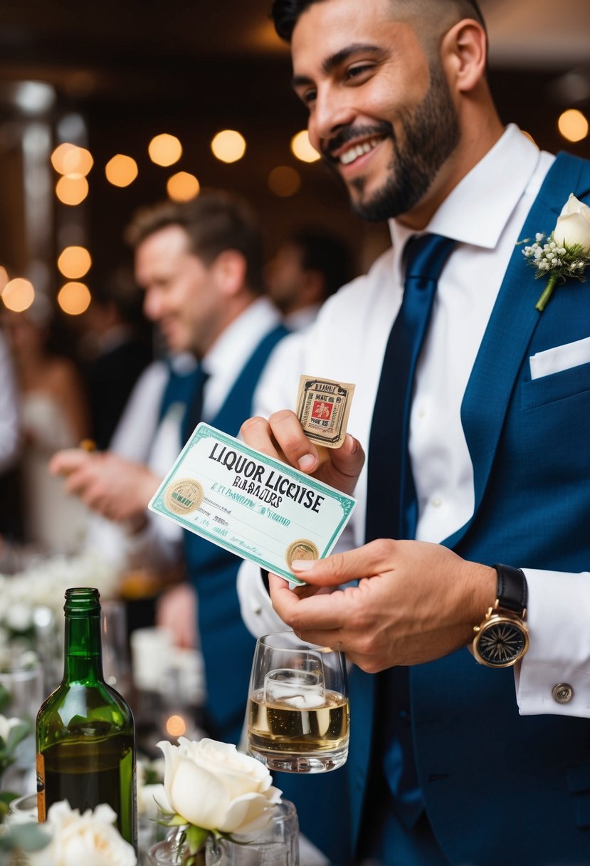 A bartender holding a liquor license while receiving tips at a wedding