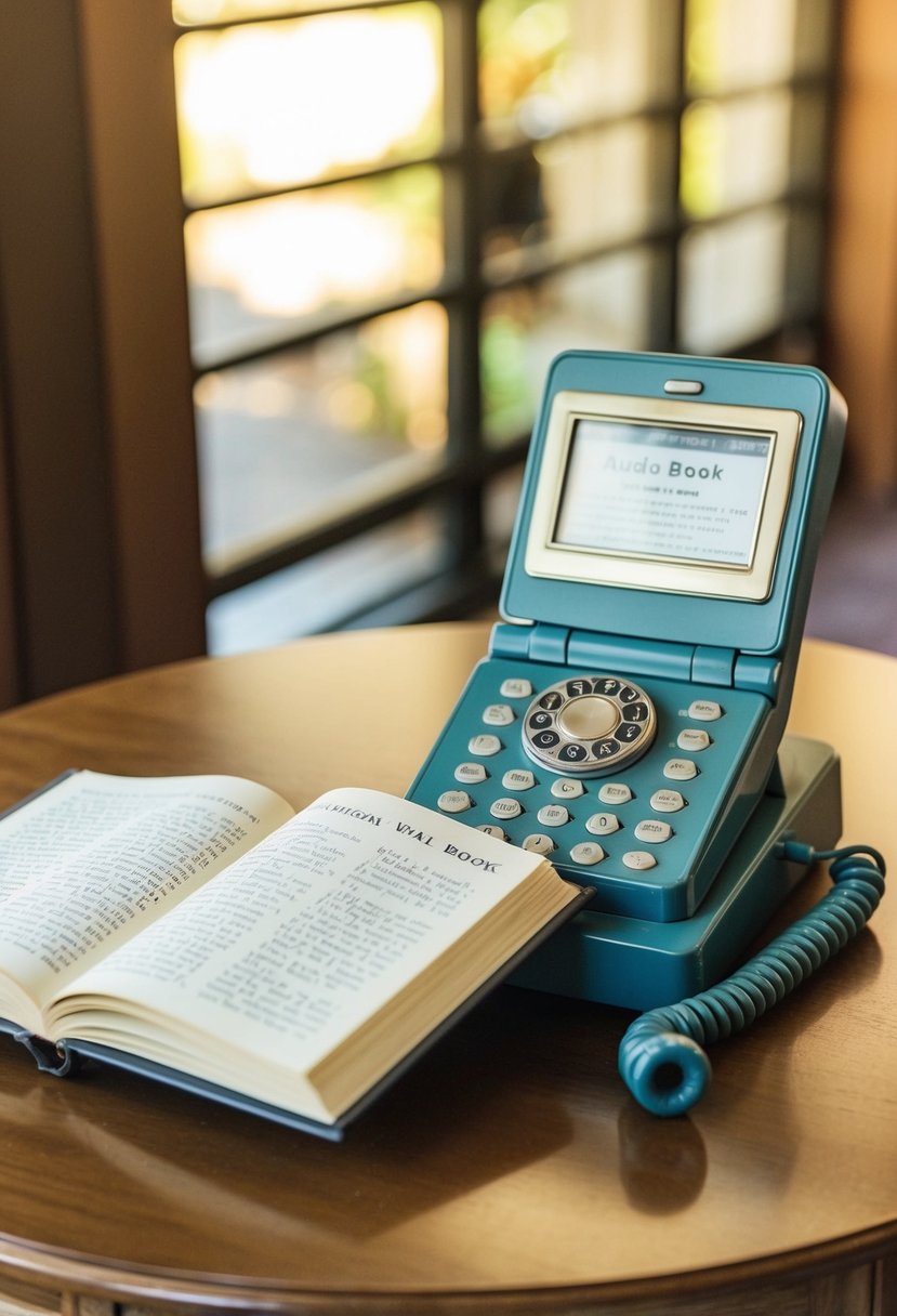 A vintage phone sits on a table, open to an audio book. Nearby, a guest book with wedding well wishes awaits signatures