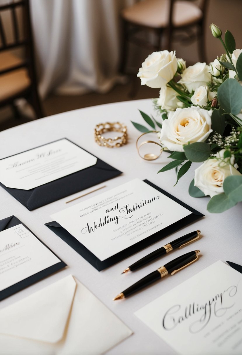 A table set with elegant wedding invitations, envelopes, and a calligraphy pen