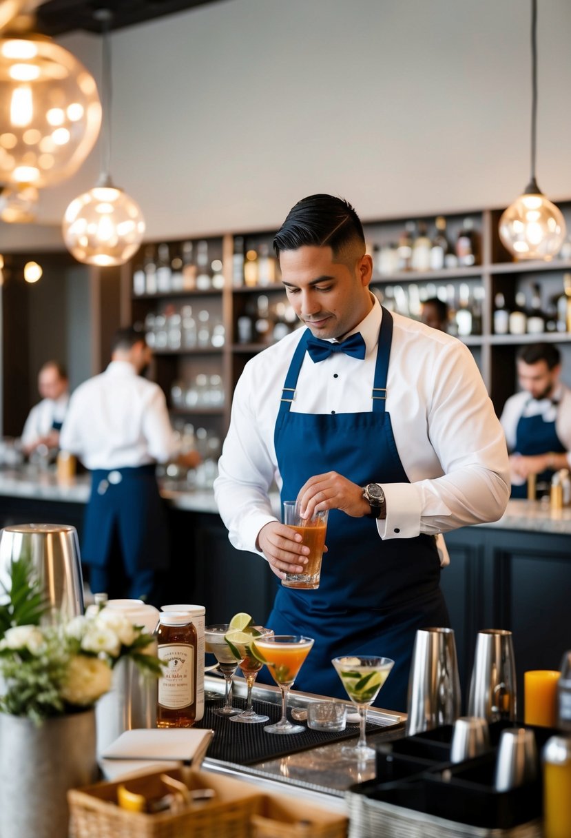 A bartender gathering supplies, practicing cocktail recipes, and arranging bar setup for a wedding event