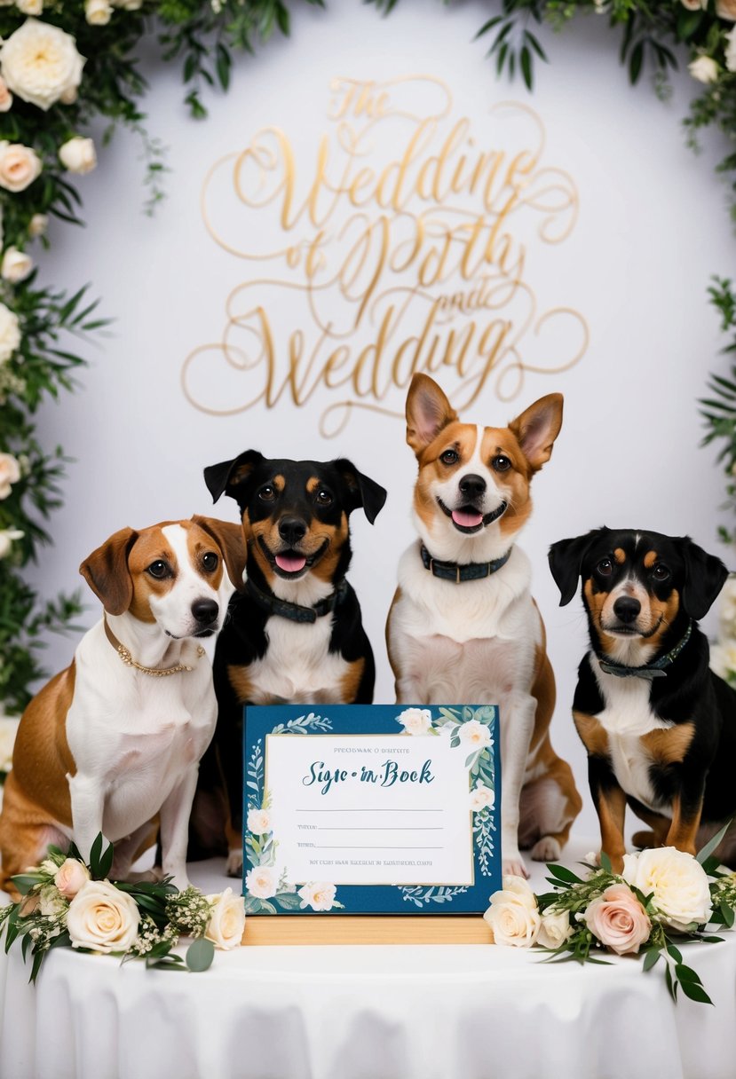 A whimsical scene of various pets posing with a sign-in book at a wedding, surrounded by floral decorations and elegant calligraphy