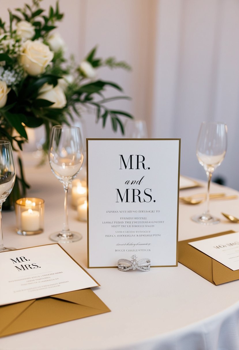 A table set with elegant wedding invitations and envelopes, with titles like Mr. and Mrs. displayed prominently