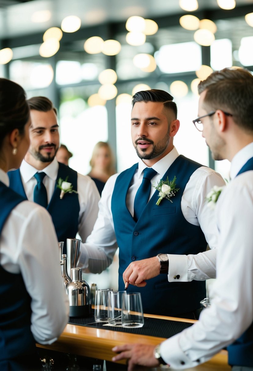 Bartender in formal attire discussing tips with wedding staff